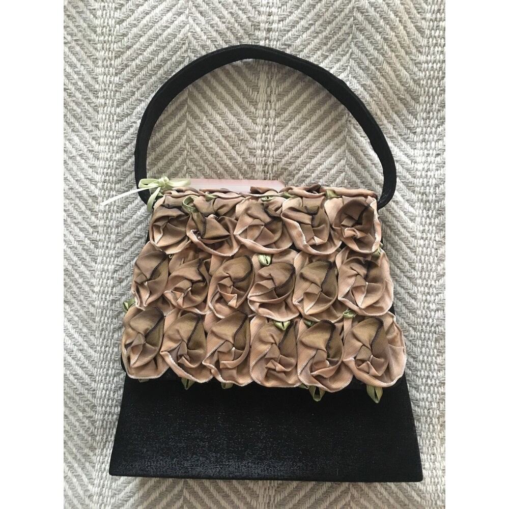 Julie Feldman Clutch Small Designer NEW $175 Black with Tan Floral Accents